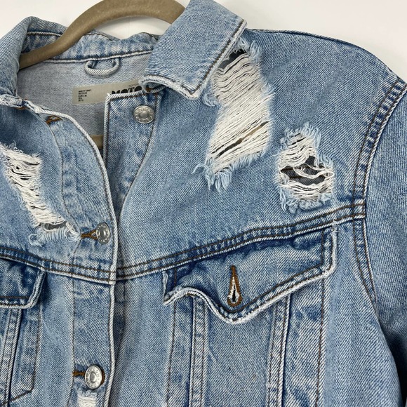 Topshop Moto Size 6 Oversized Very Distressed Light Wash Denim Jacket Blue - Picture 2 of 14